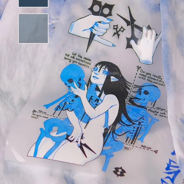 A graphic illustration features a person with long hair surrounded by skulls and abstract symbols. Two color swatches are shown in the top-left corner of the image.